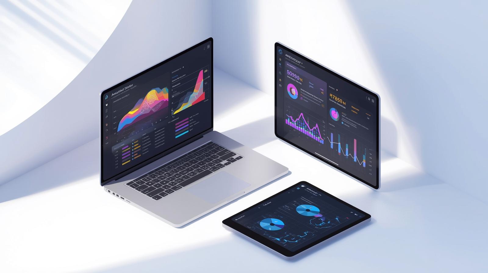 Illustration of a workspace with laptop and tablet showing user analytics, heatmaps, and charts, representing data-driven UI enhancements and conversion optimization.