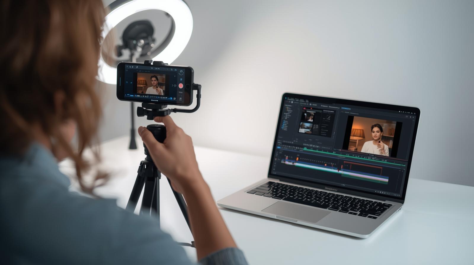Beginner filming video with smartphone on tripod and ring light, editing on laptop with branded elements, representing DIY video production tips for consistent, professional content