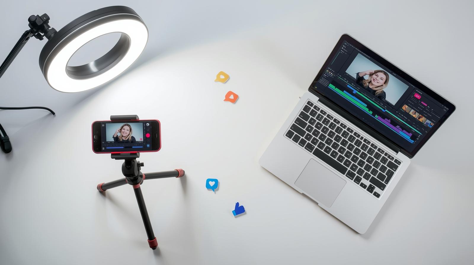 A minimalist digital workspace with a smartphone on a tripod, a laptop showing video editing software, and a ring light, an ideal setup for video marketing for beginners