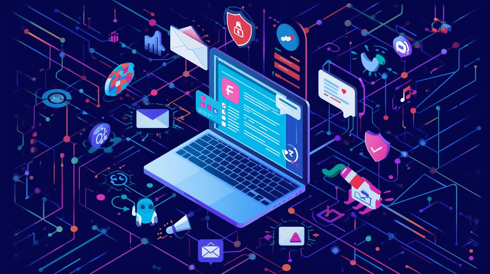 Futuristic email marketing illustration with AI personalization, interactive polls, omnichannel icons, and data privacy symbols, representing future trends for small businesses.