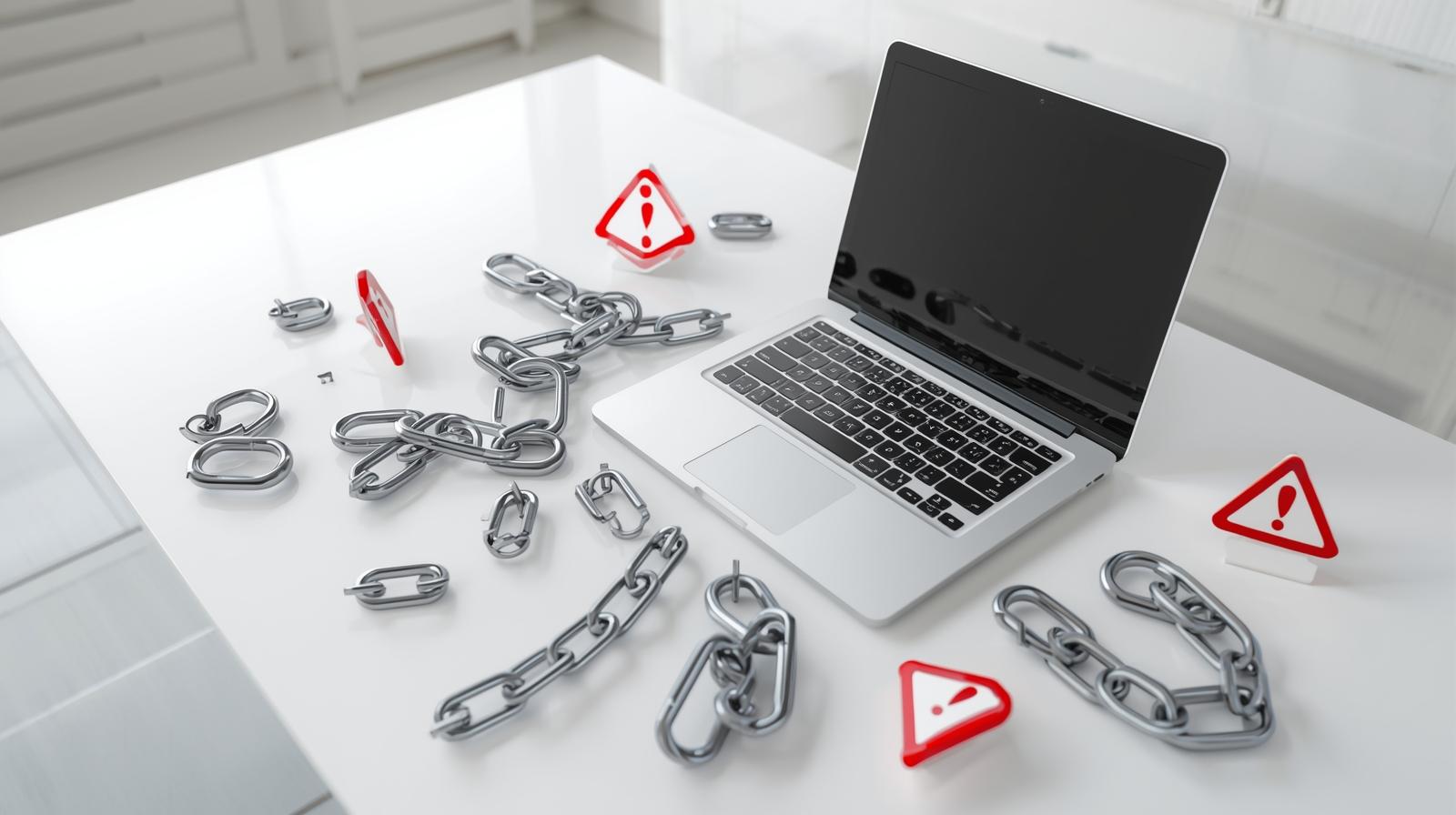 A laptop, surrounded by broken chain links and warning signs, representing common link building mistakes in SEO