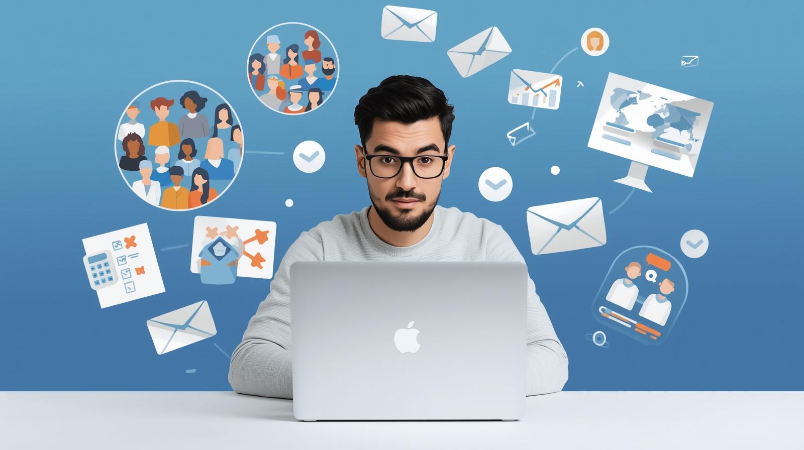 Digital illustration of a marketer building an email list on a laptop with signup forms, discount icons, and segmented audience groups, symbolizing high-quality list building and segmentation.