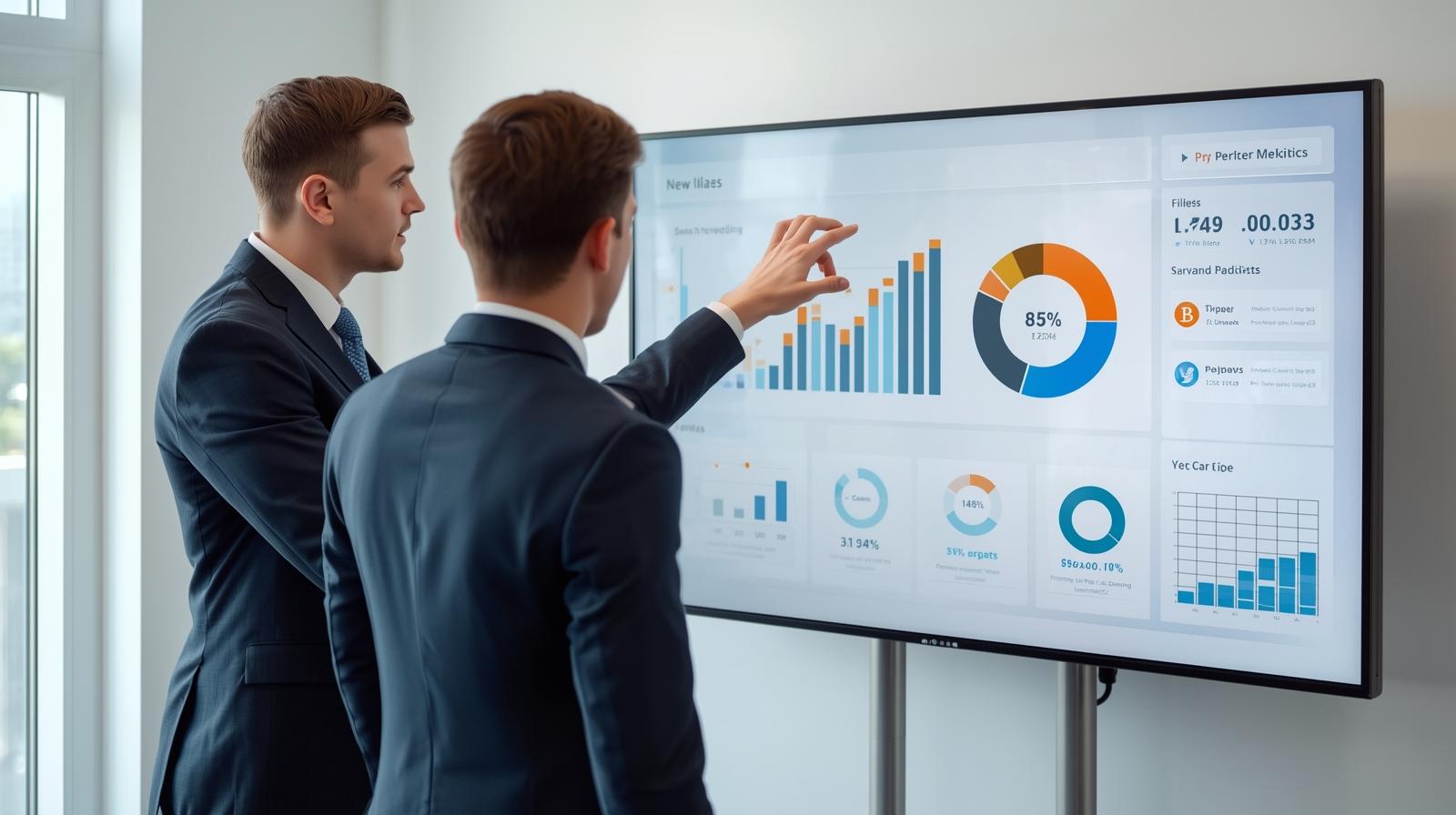 A business team reviewing video performance metrics on a large screen with charts and social media icons, illustrating the impact of video marketing on business growth and audience engagement.