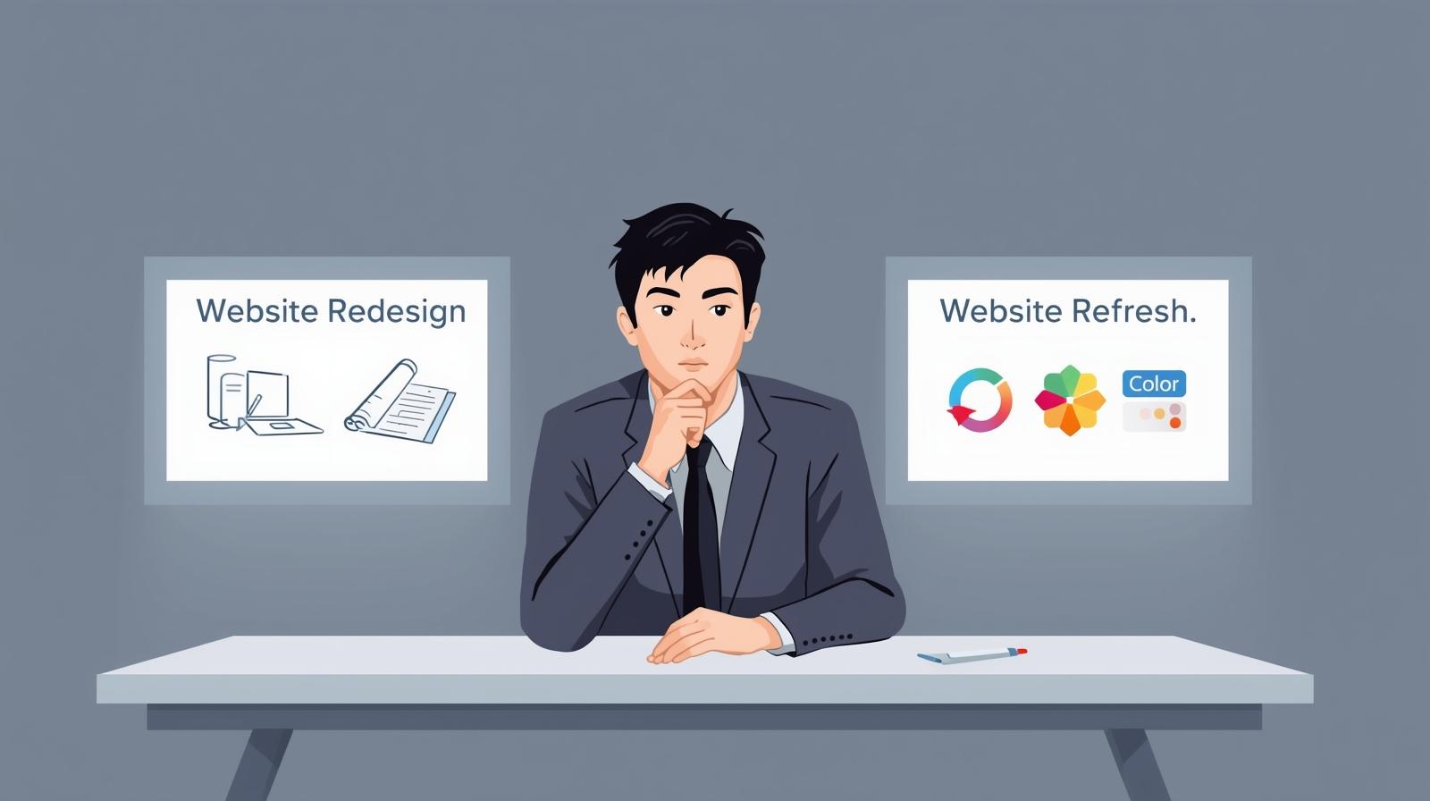 Business professional contemplating website redesign vs refresh, with icons showing full site overhaul and minor updates.