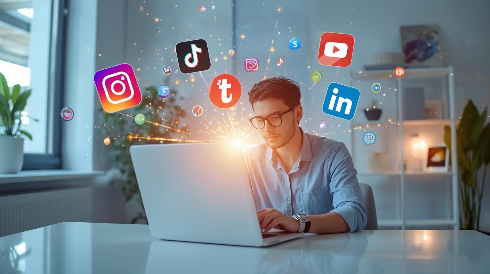 Digital marketing workspace with Instagram, TikTok, YouTube, and LinkedIn logos floating above a laptop, surrounded by engagement icons and charts, representing top social media platforms for building brand authority in 2025.