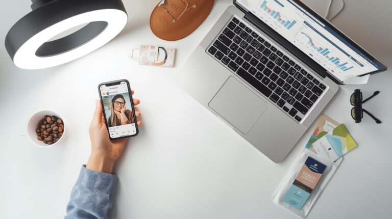 Flat lay of a small business desk with smartphone showing influencer posts, laptop with analytics, product samples, and ring light—representing influencer marketing for small businesses.