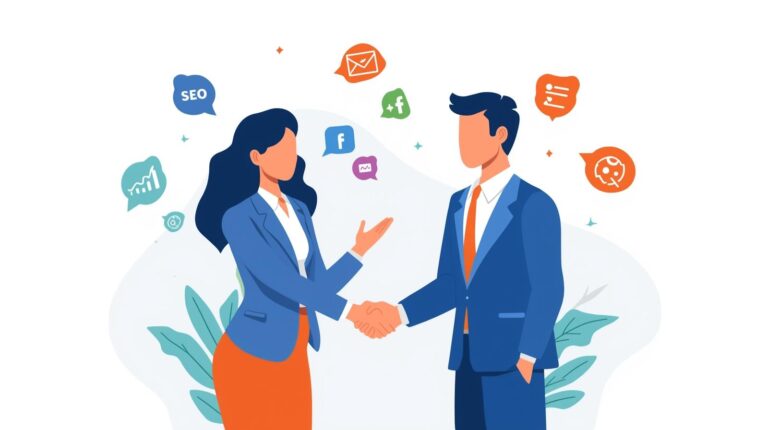 Businesswoman partnering with a digital marketing agency, surrounded by SEO, social media, email, analytics, and paid ads icons in a flat illustration, symbolizing choosing the right digital marketing partner.