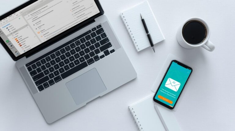 Flat lay of a laptop with email inbox open, smartphone showing new email notification, coffee cup, and notepad on a clean desk — representing email marketing strategies for small businesses.