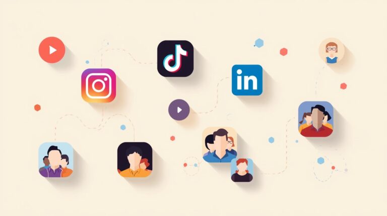 Illustration of diverse influencers connected to Instagram, TikTok, YouTube, and LinkedIn icons, representing influencer marketing strategies for engagement and sales.