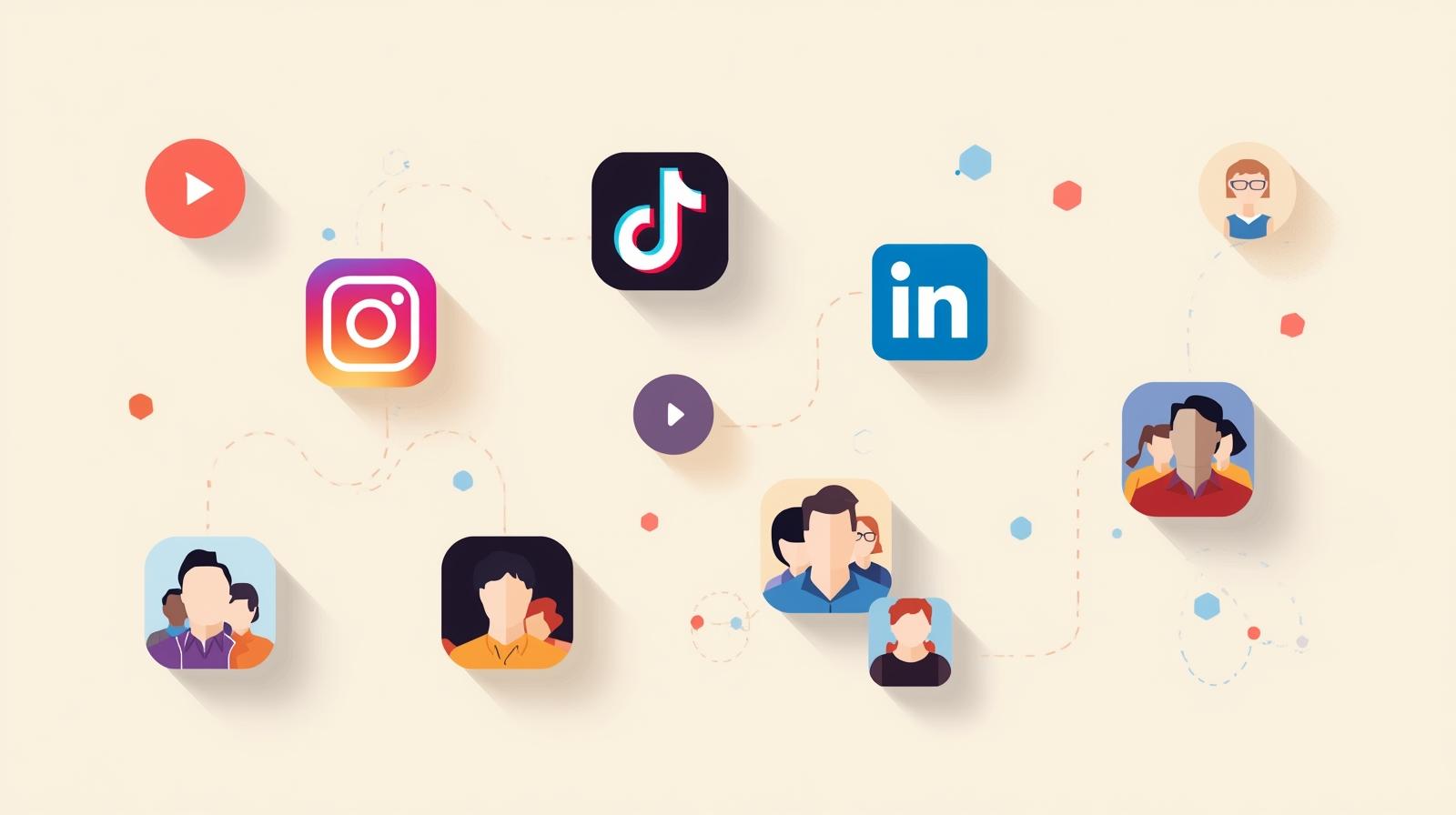 Illustration of diverse influencers connected to Instagram, TikTok, YouTube, and LinkedIn icons, representing influencer marketing strategies for engagement and sales.