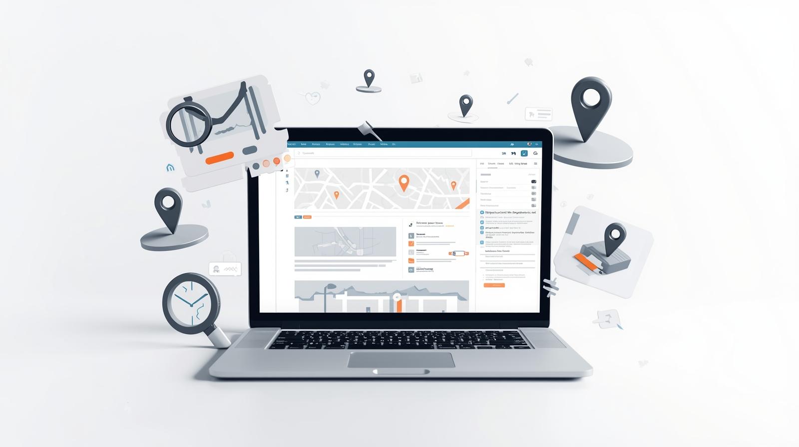 A laptop screen displaying a website editor with design blocks, surrounded by floating digital icons like a magnifying glass, location pins, and a map, symbolizing on-page optimization for local SEO.