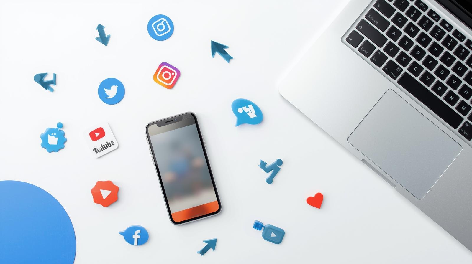 A smartphone and laptop displaying social media apps with icons of play buttons, chat bubbles, and share arrows, representing video promotion and audience engagement.