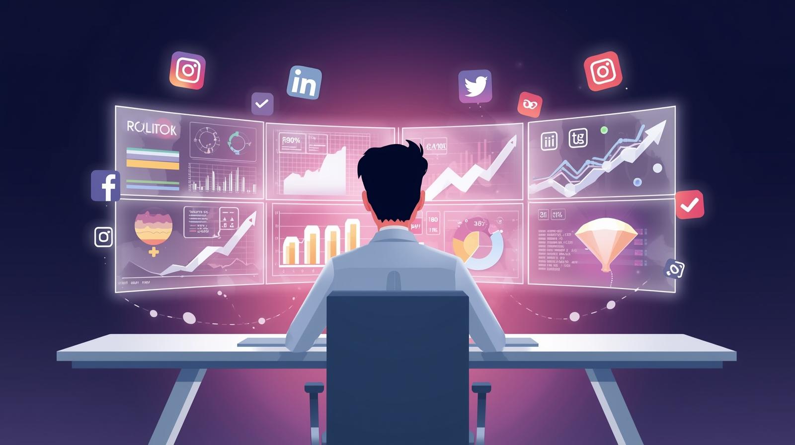 A professional digital marketing analyst at a desk reviewing multiple screens displaying social media metrics, graphs, and dashboards, with floating icons for Instagram, Facebook, LinkedIn, TikTok, and Twitter/X. The illustration highlights engagement, reach, conversions, and ROI, emphasizing analytics, measurement, and data-driven decision-making in a bright, clean, modern style.