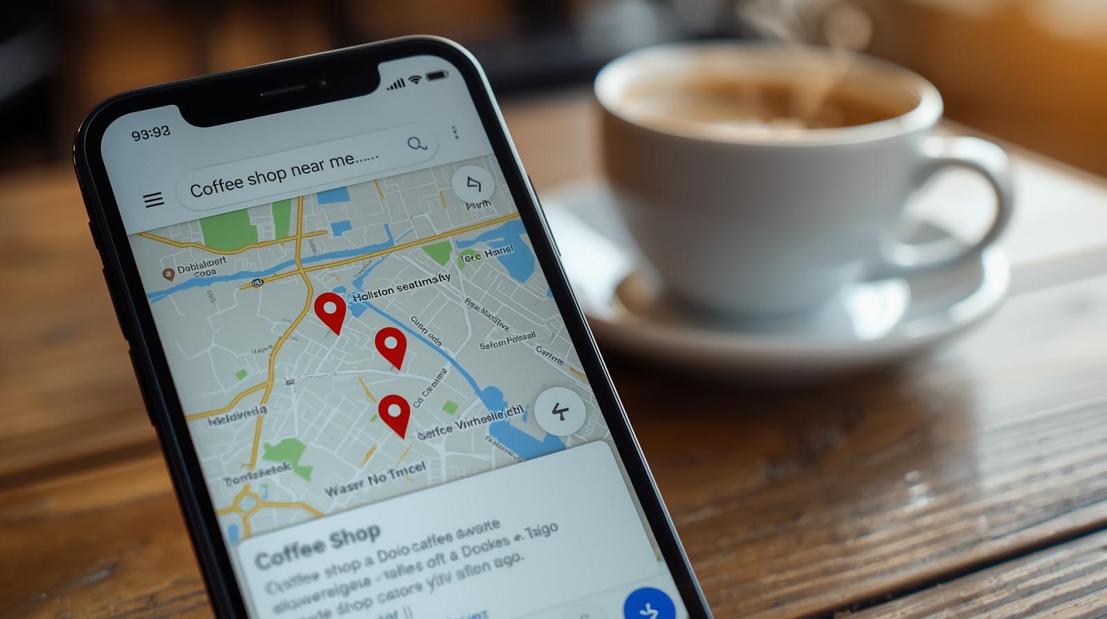 Smartphone displaying a “coffee shop near me” search with map pins on the screen, placed on a café table with a coffee cup, illustrating local SEO and nearby business discovery.