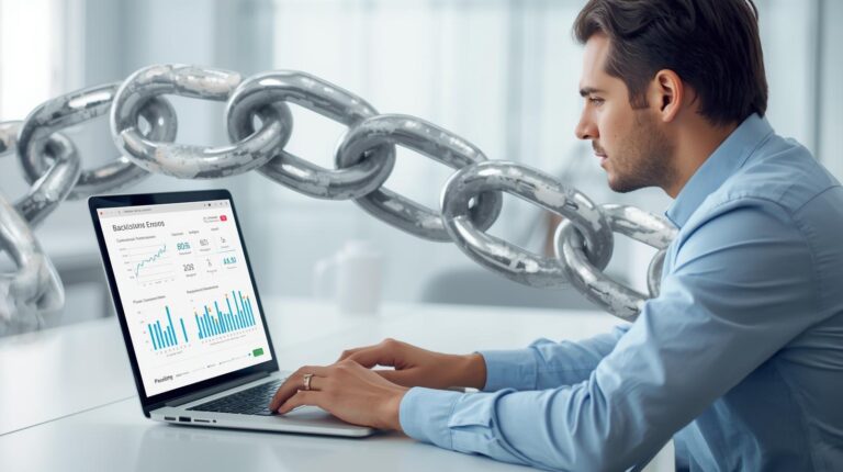 SEO specialist reviewing backlink data on a laptop with charts and chain link icons, symbolizing fixing link building mistakes.