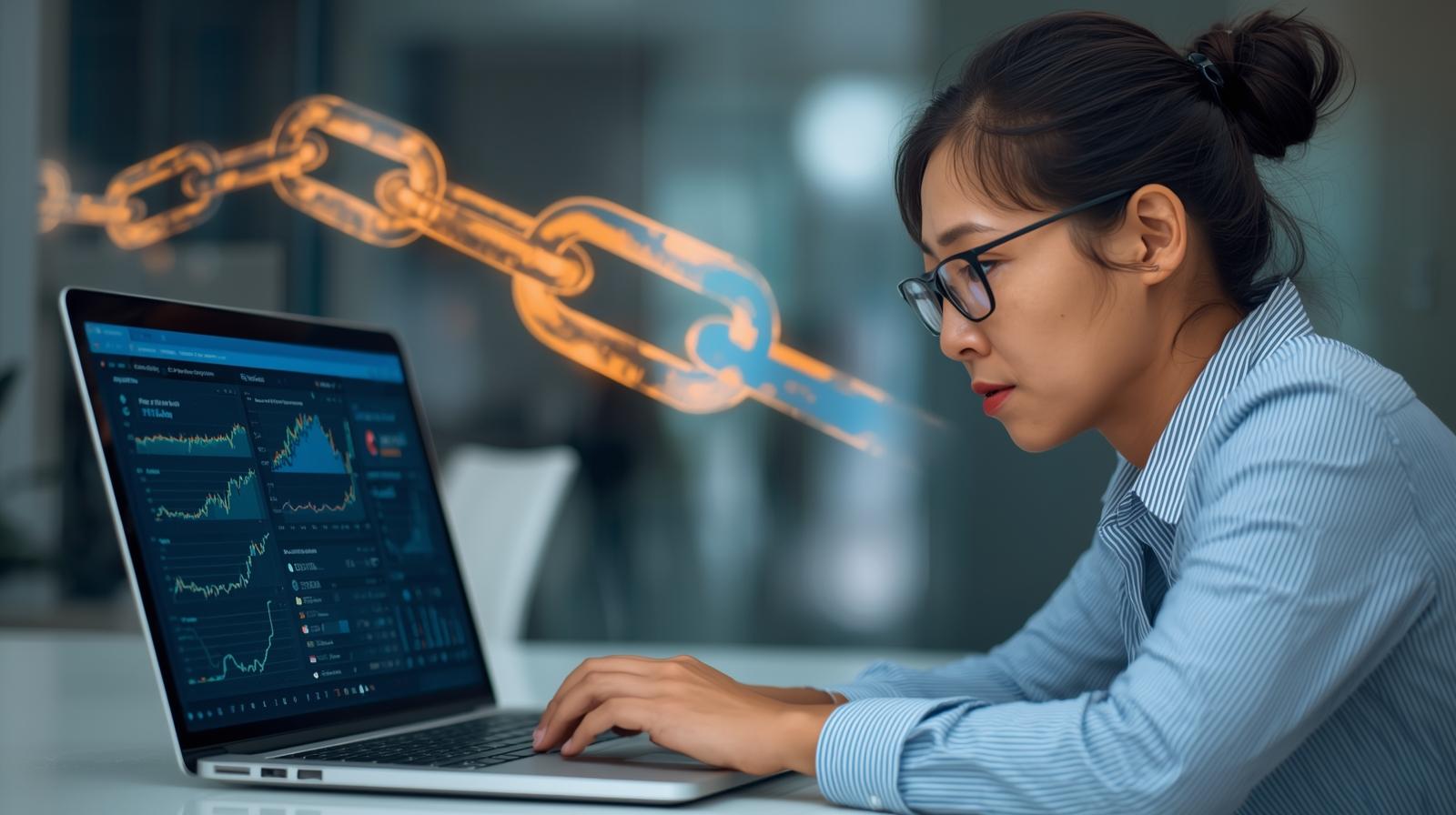 SEO specialist reviewing backlink data on a laptop with charts and chain link icons, symbolizing fixing link building mistakes.