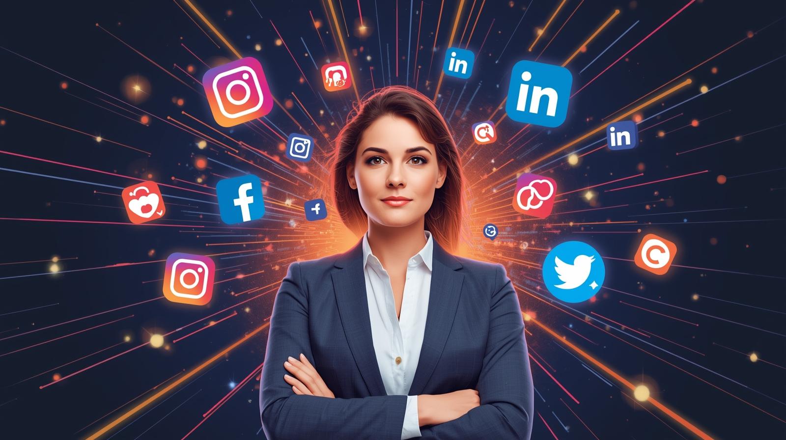 Business professional standing before floating social media icons with glowing connection lines, representing audience engagement, brand authority, and digital marketing impact