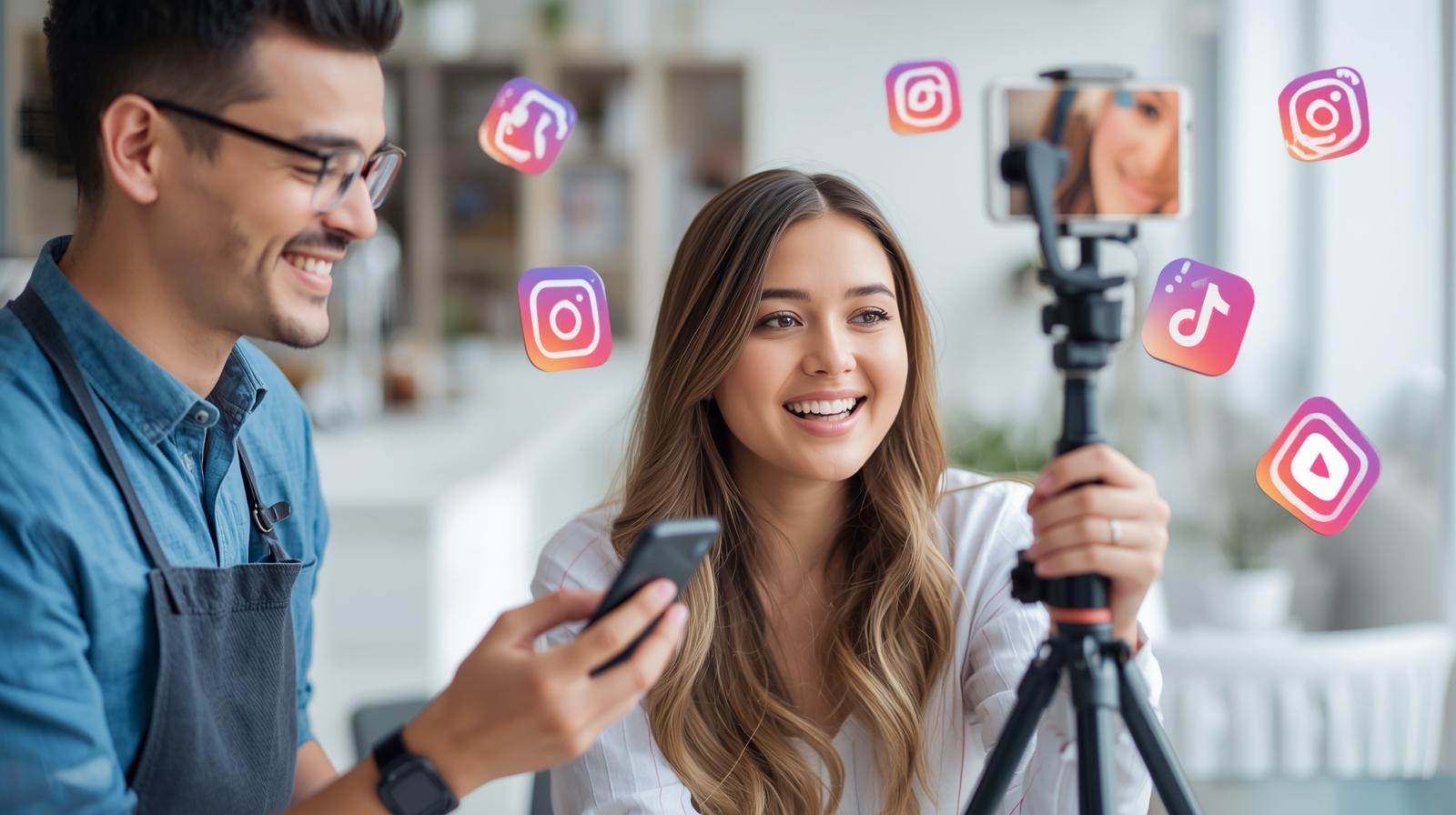 Small business owner collaborating with social media influencer to promote products on Instagram, TikTok, and YouTube.