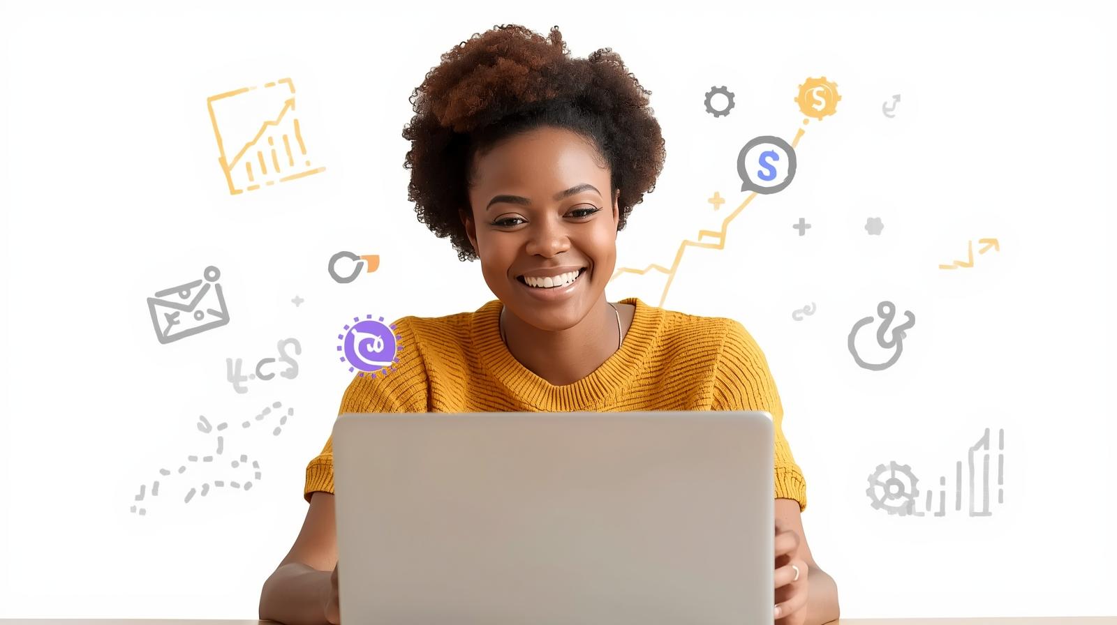 Small business owner checking email marketing results on laptop with ROI growth charts, symbolizing affordable and effective marketing tactics