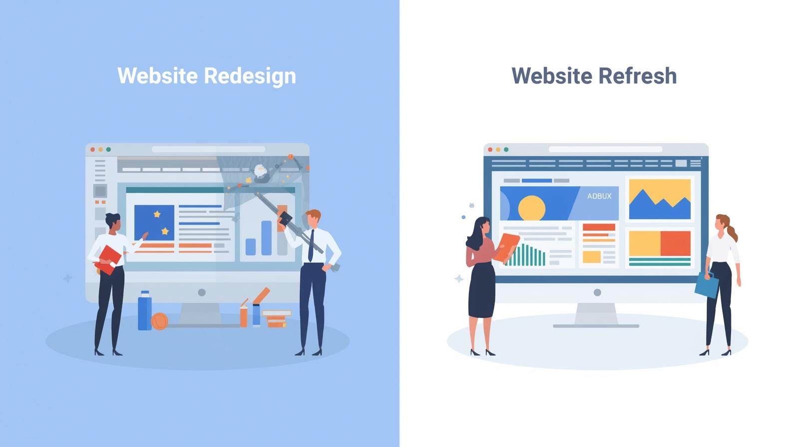 Split-screen image highlighting difference between a complete website redesign and a simple refresh.
