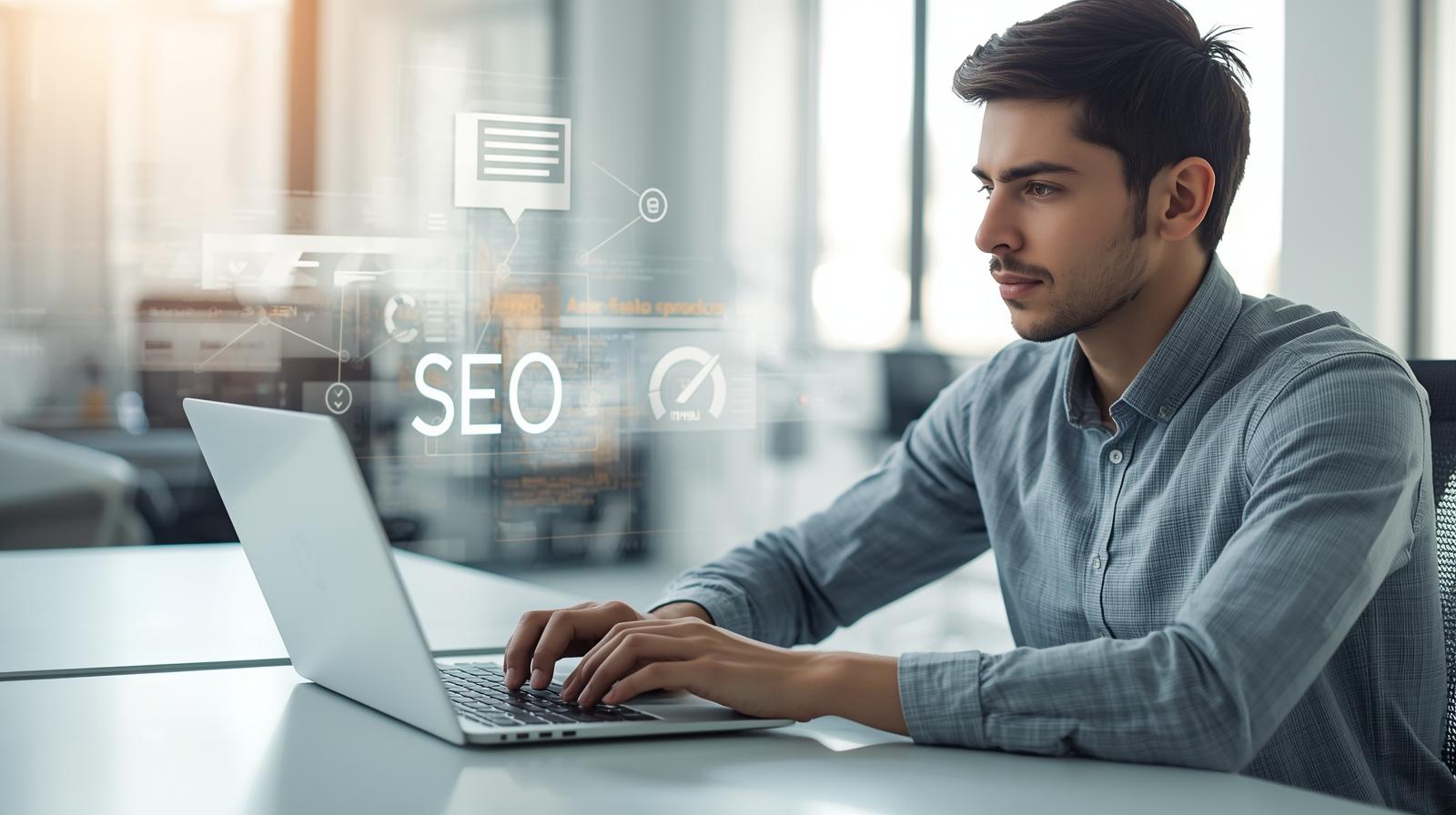 Web developer working on laptop with HTML code and SEO icons representing meta tags, alt text, schema markup, and site speed optimization