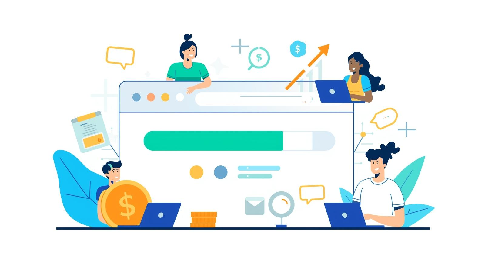 Illustration of website speed improving SEO rankings and revenue with fast loading bar, growth arrows, and happy users on desktop and mobile.
