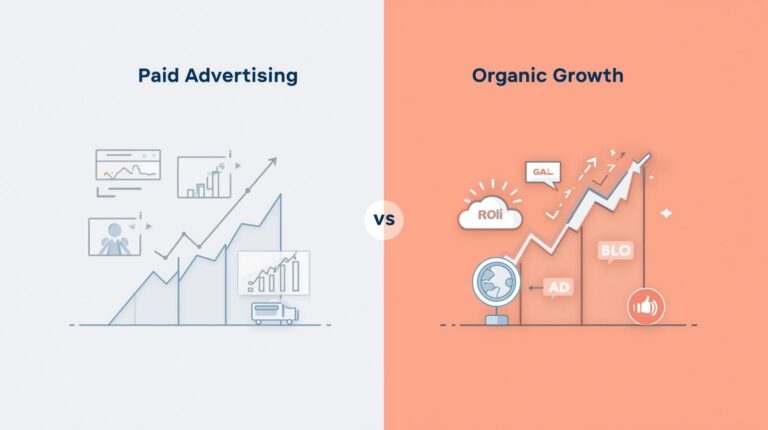 Illustration of paid advertising vs organic growth, showing paid ads for immediate results and organic strategies for long-term growth, with charts and ROI symbols.
