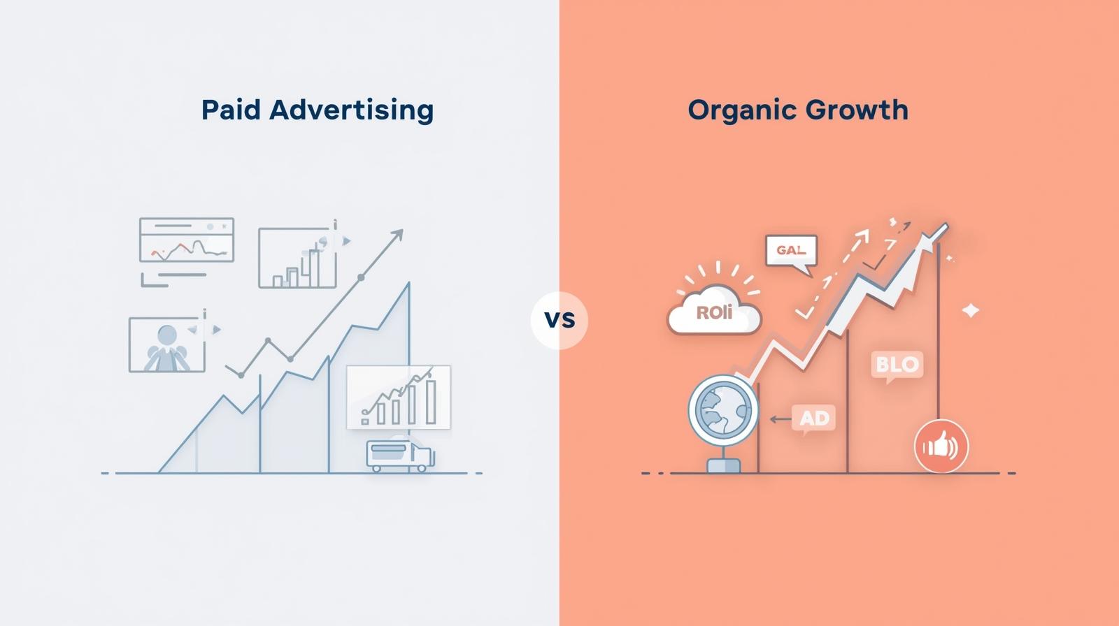 Illustration of paid advertising vs organic growth, showing paid ads for immediate results and organic strategies for long-term growth, with charts and ROI symbols.