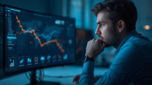 Frustrated marketer reviewing underperforming paid ads on a laptop with graphs and analytics dashboards in the background