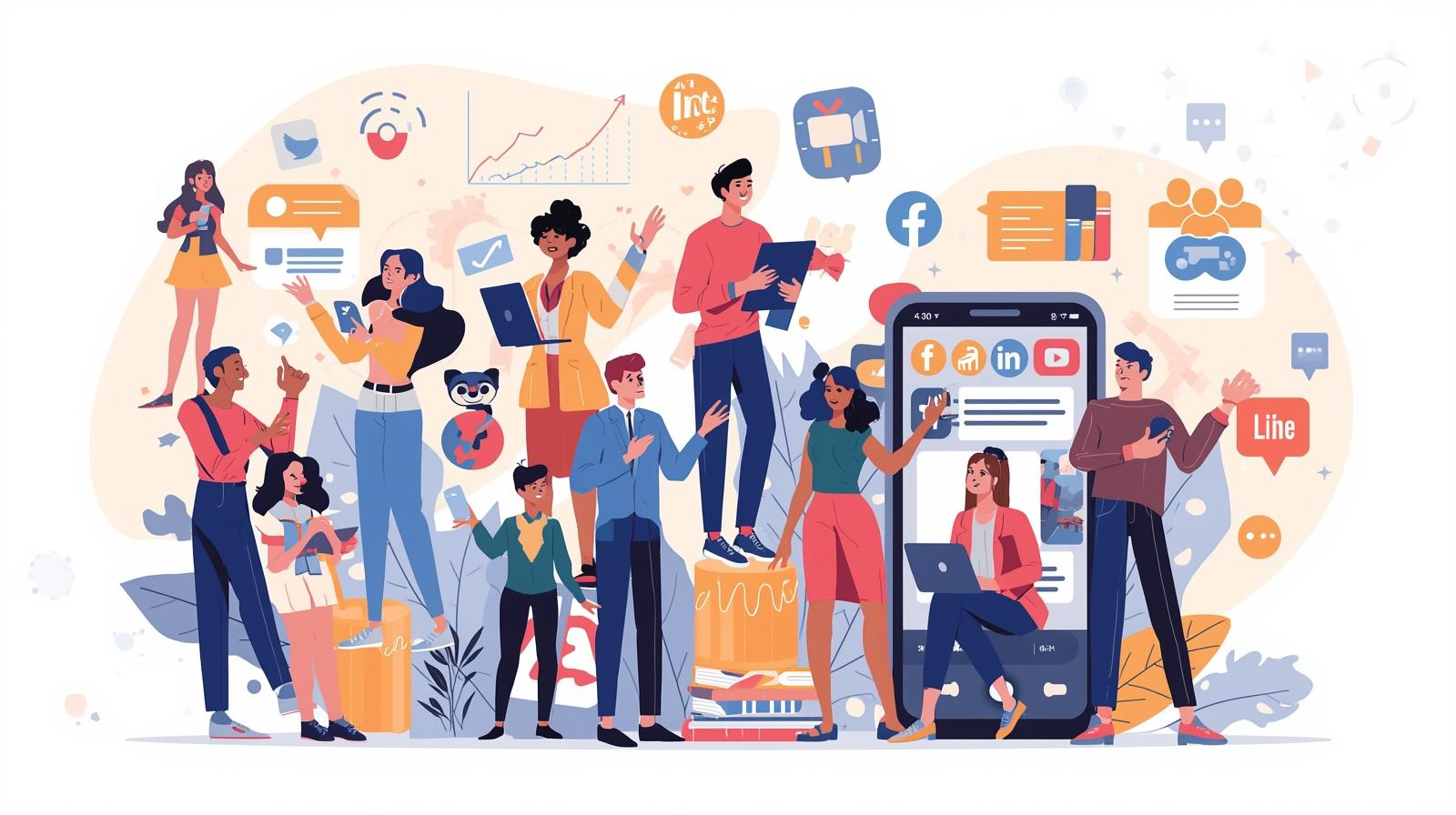 Illustration of diverse micro-influencers creating content across Instagram, TikTok, YouTube, and LinkedIn, showing engagement icons, growth charts, and collaboration, representing proven influencer marketing strategies for 2025