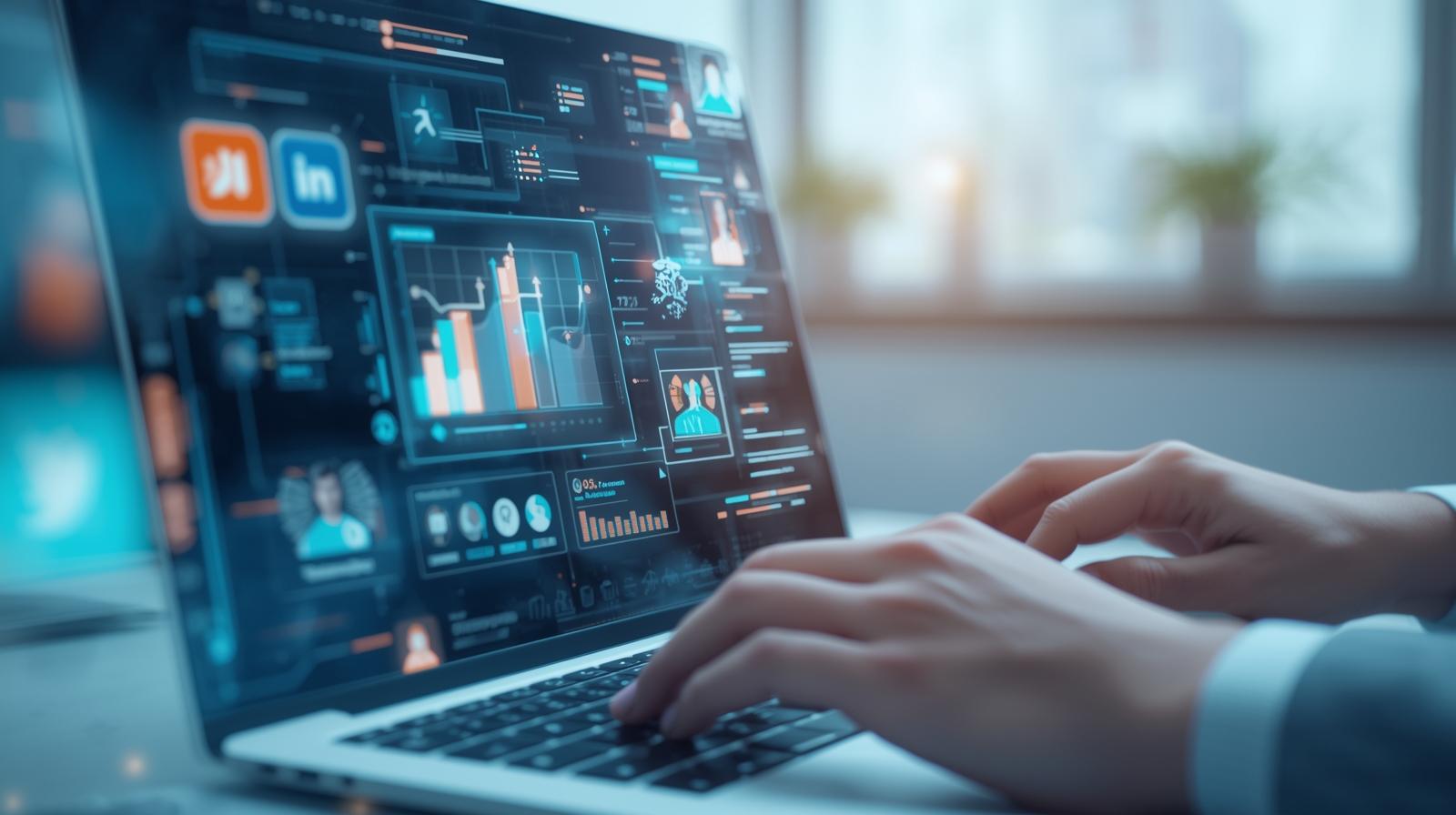 Illustration of AI assisting social media management: a digital interface with charts, messages, and notifications, while a human hand interacts with the screen, symbolizing balanced use of AI for engagement, content planning, and monitoring, in a modern, clean, and professional style.