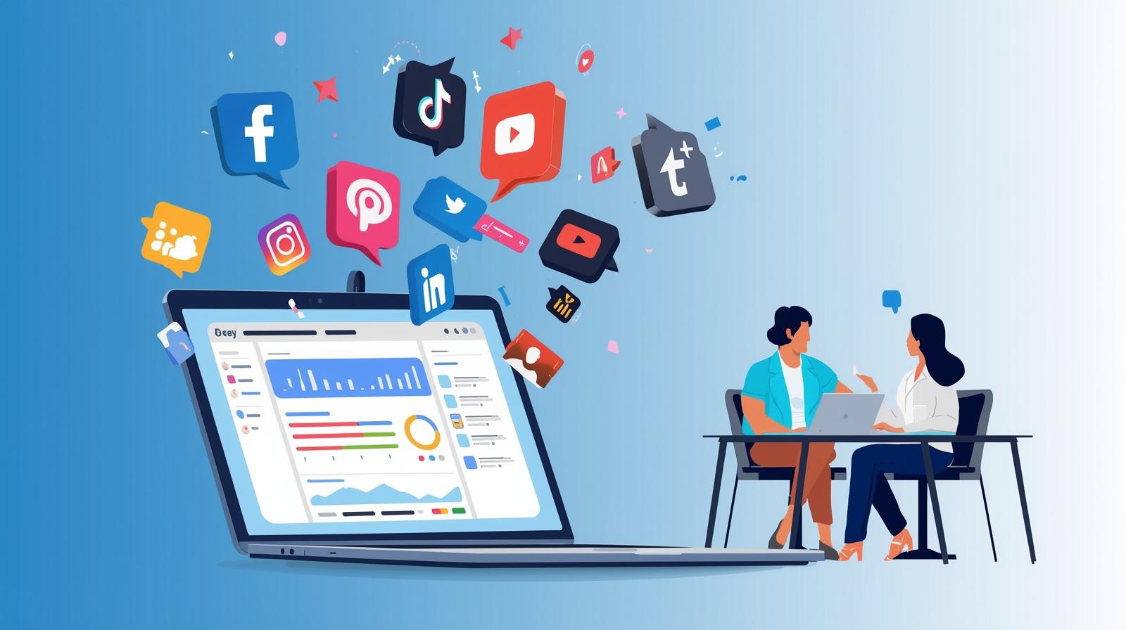 Illustration of a modern workspace with a laptop and smartphone showing social media dashboards. Floating icons of Facebook, Instagram, LinkedIn, TikTok, YouTube, and Twitter/X hover above, representing engagement and audience reach. Diverse businesspeople analyze metrics and plan strategy, emphasizing social media marketing and platform-specific tactics.
