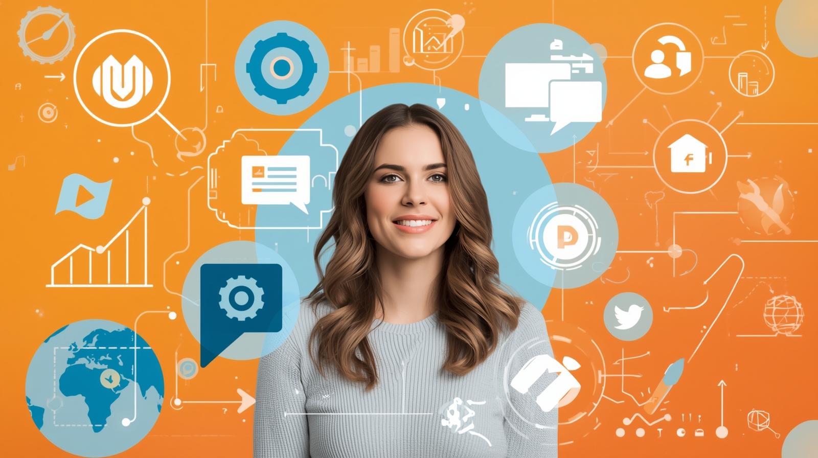 Digital Marketing Partner creating blogs and videos with repurposing icons like arrows, infographics, and media symbols.