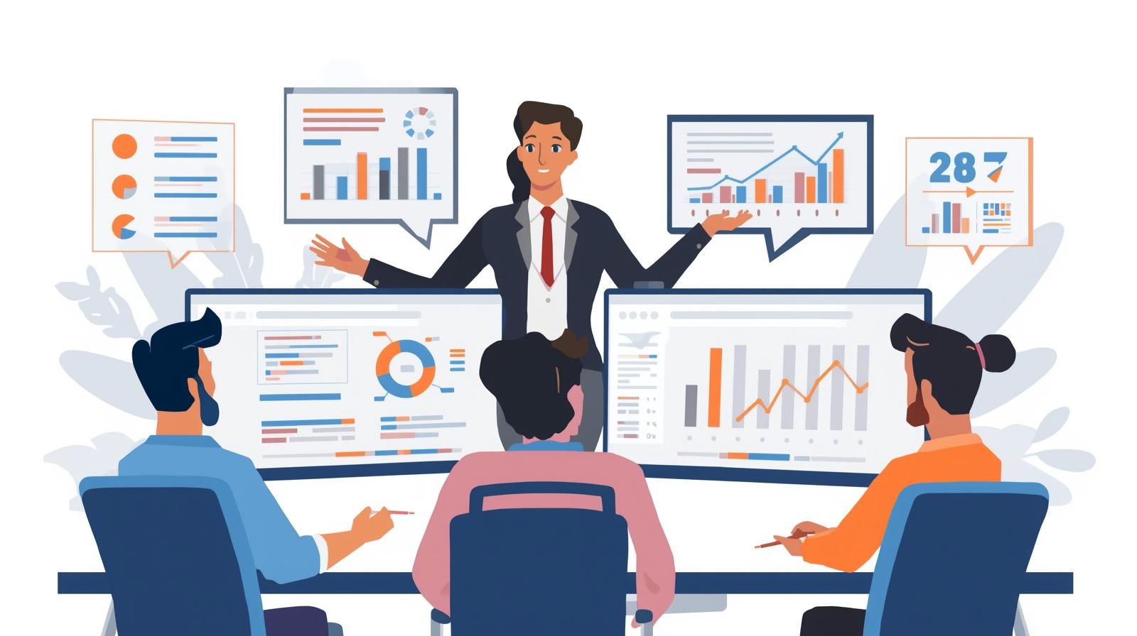 Business owner and digital marketing team collaborating over clear reports and dashboards, emphasizing transparency, communication, and accountability.
