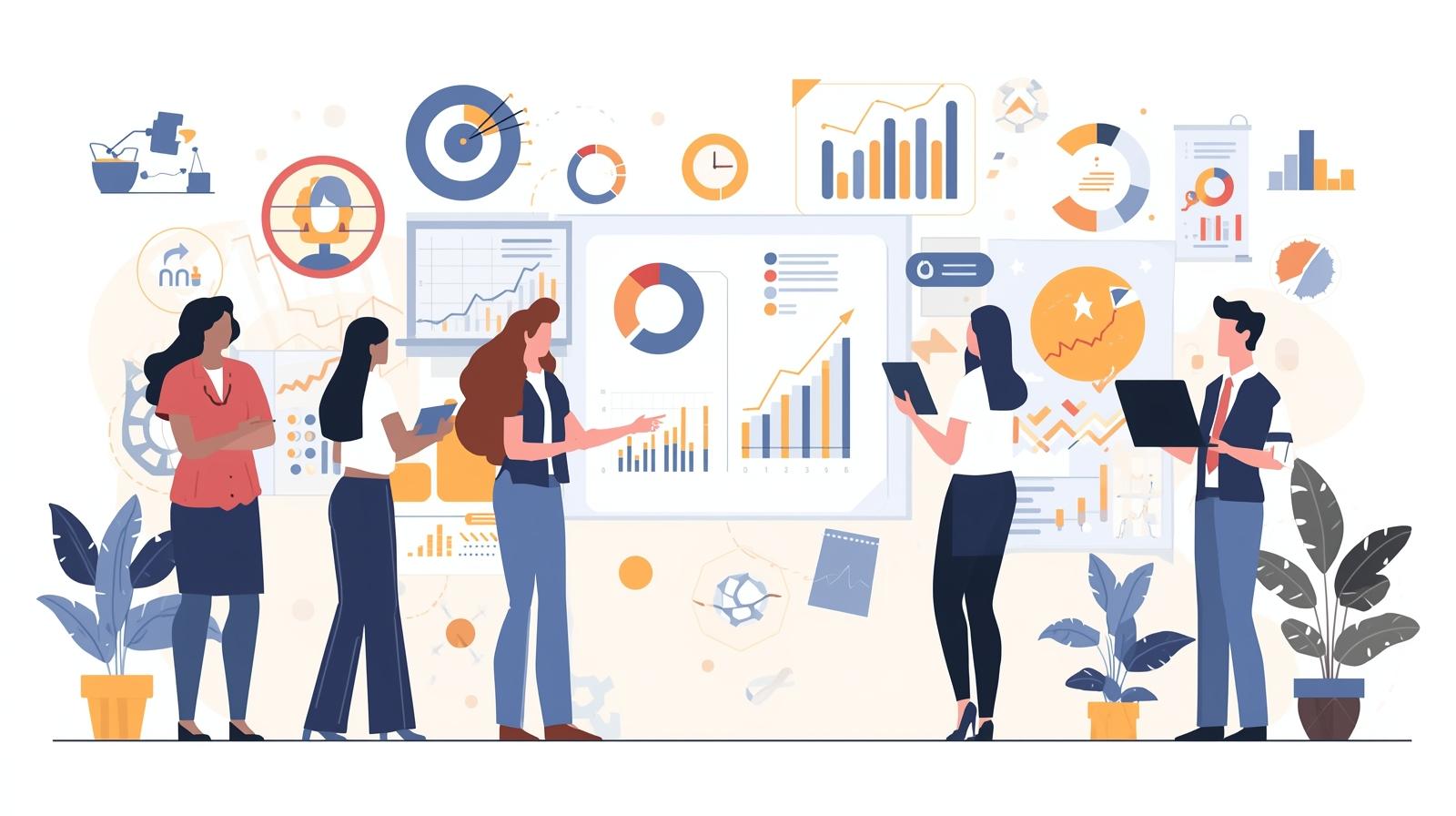 Business team developing a digital marketing plan with charts, graphs, and strategy boards to align goals, understand the audience, and optimize campaigns.