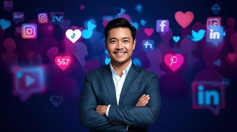 Illustration of a confident brand standing out among social media icons like Instagram, TikTok, YouTube, and LinkedIn, with engagement symbols such as likes, comments, and shares, representing building brand authority on social media in 2025.