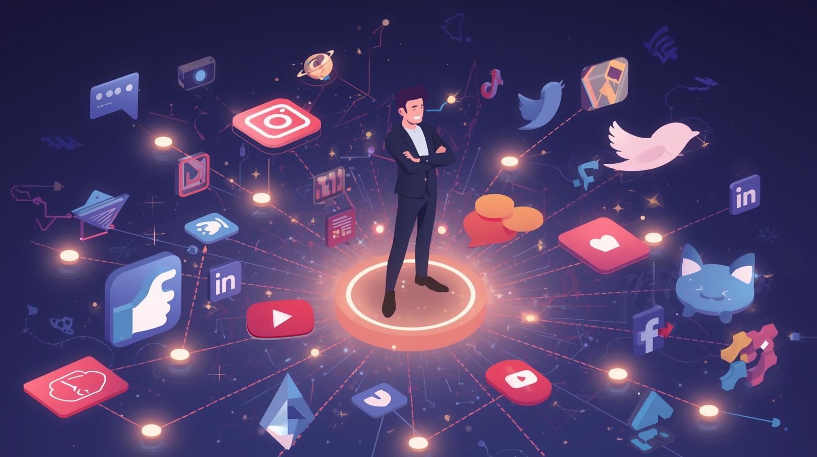 Illustration of a confident brand figure at the center of social media icons like Instagram, TikTok, YouTube, and LinkedIn, surrounded by symbols of engagement such as likes, comments, and shares, representing brand authority, credibility, and content creation on social media in 2025