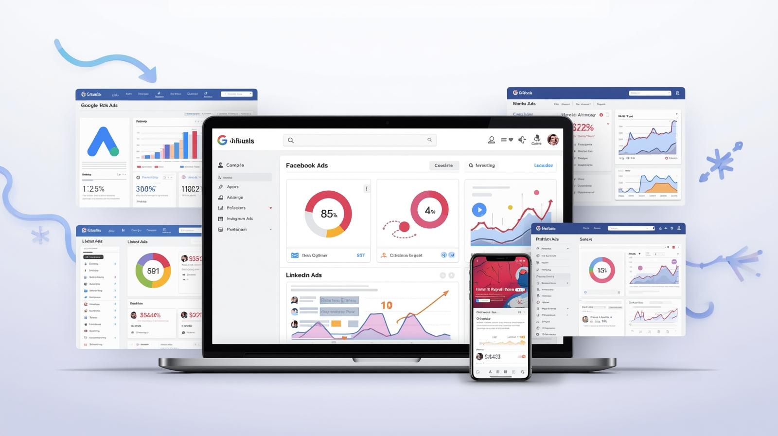 Paid advertising illustration showing Google, Facebook, Instagram, LinkedIn, and TikTok Ads dashboards, highlighting targeted campaigns, clicks, and ROI.