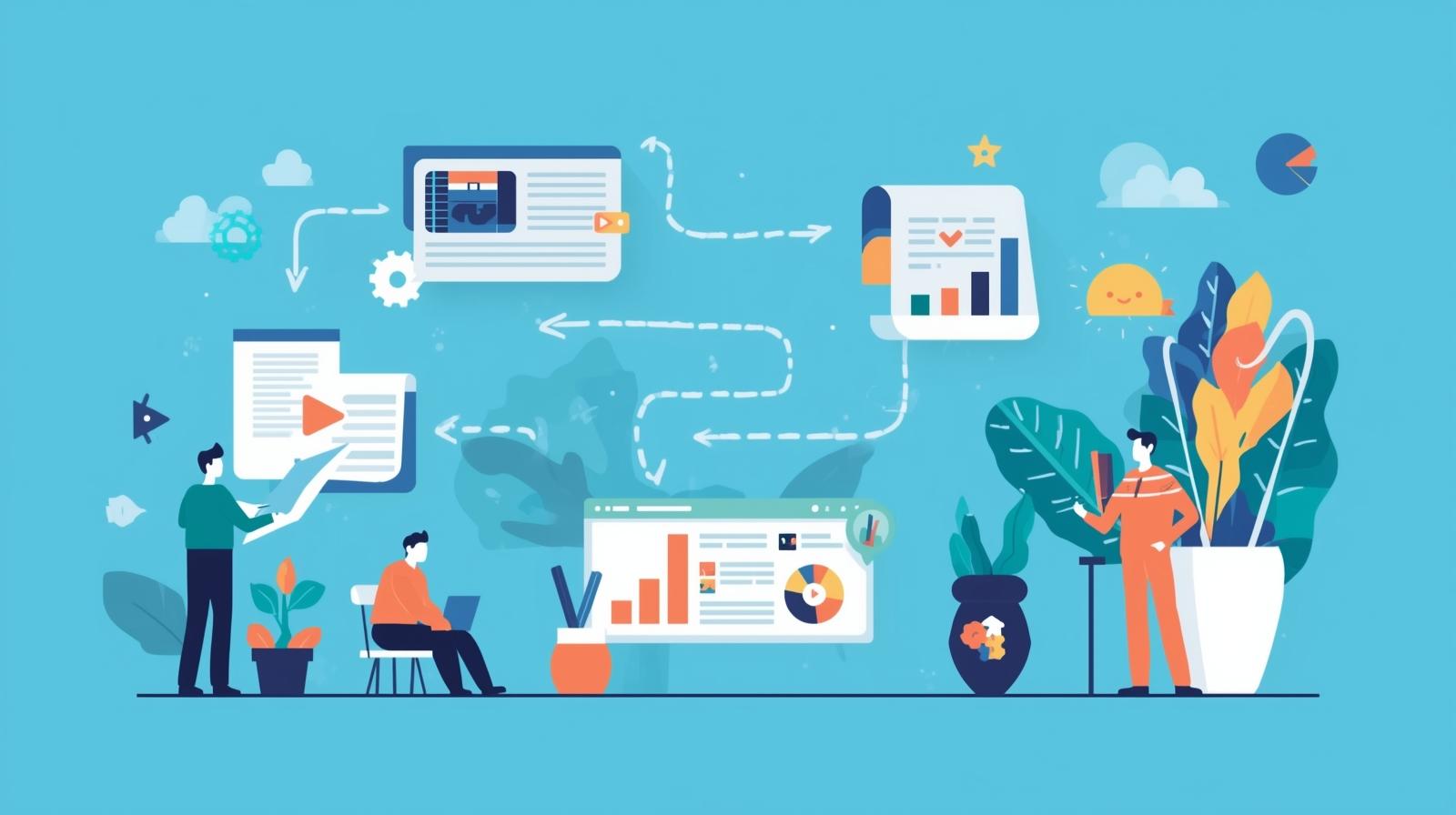 Digital marketing plan content strategy illustration showing blog writing, video creation, and infographics planning with workflow arrows.