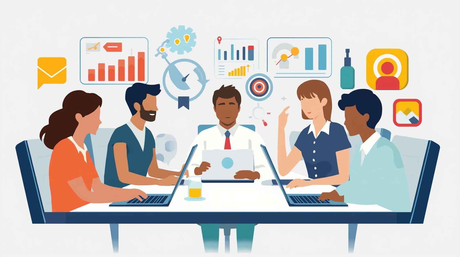 Digital Marketing Partner team analyzing customer data with charts, graphs, and target audience icons to understand market behavior and improve strategy.