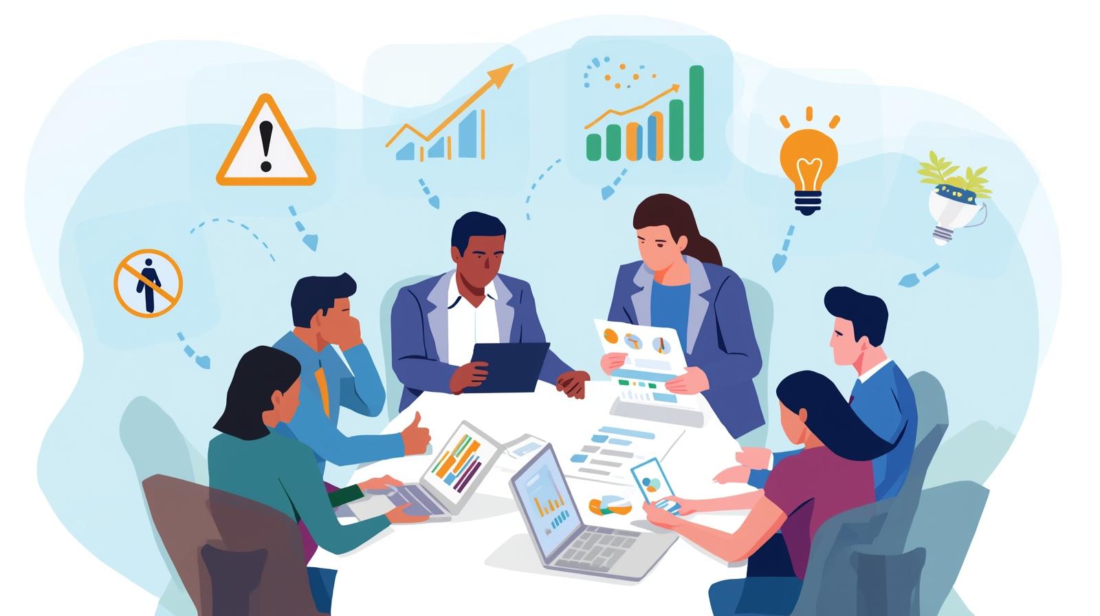Team analyzing charts and graphs with icons representing growth, challenges, opportunities, and threats, illustrating a strategic marketing blueprint.