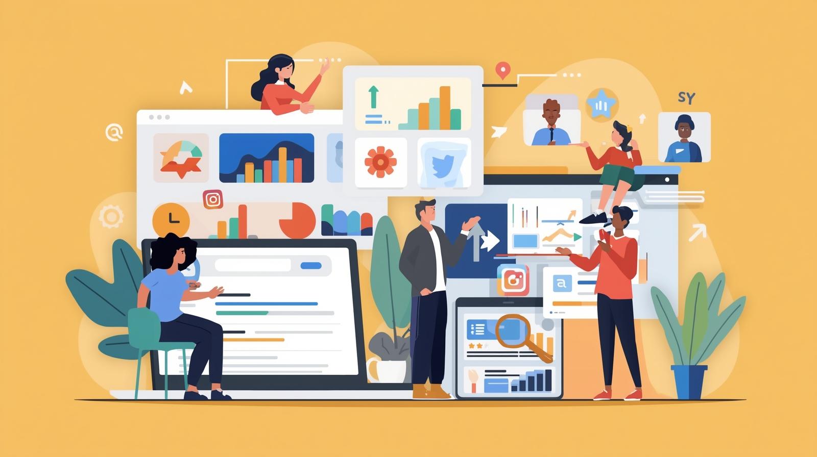 Flat-style illustration of a small business team running paid advertising campaigns across devices: a laptop showing Google Ads search results, a smartphone with social media icons (Facebook, Instagram, LinkedIn), and a customer seeing retargeting ads on multiple screens. Include digital marketing symbols like charts, arrows, and targeting icons. Clean, modern, professional design without text labels.