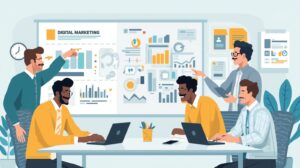 Illustration of a business team collaborating on a digital marketing plan, analyzing charts, graphs, and strategy boards with laptops, tablets, and smartphones, symbolizing strategic planning and growth in digital marketing