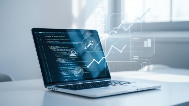 Laptop screen showing clean SEO-friendly code with digital optimization icons, representing website speed, visibility, and performance.