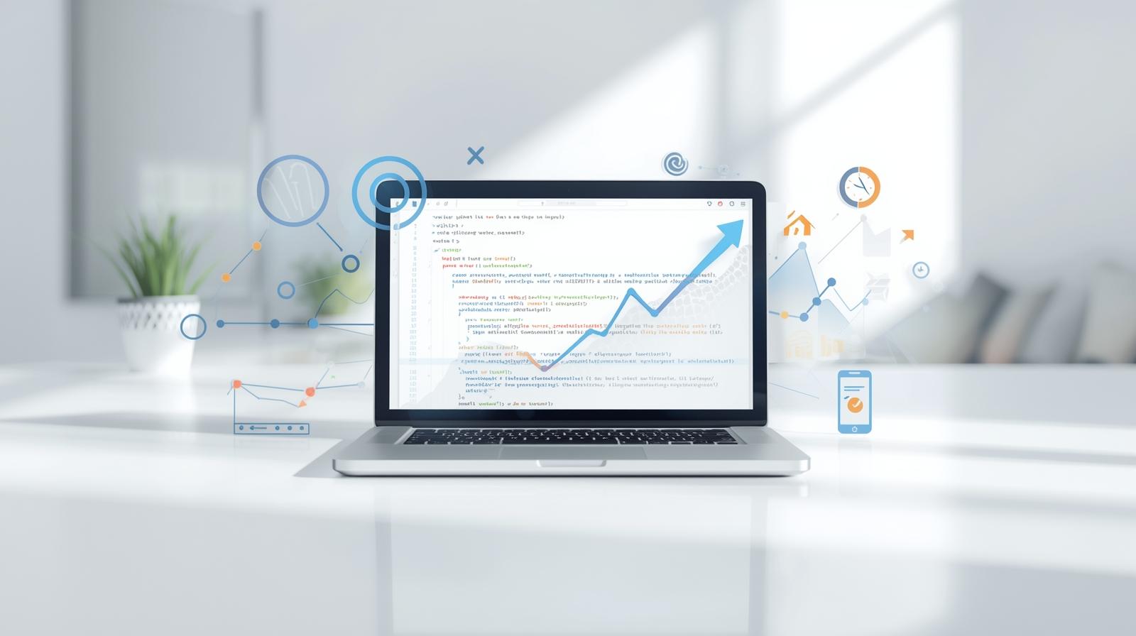 Laptop screen showing clean SEO-friendly code with digital optimization icons, representing website speed, visibility, and performance.