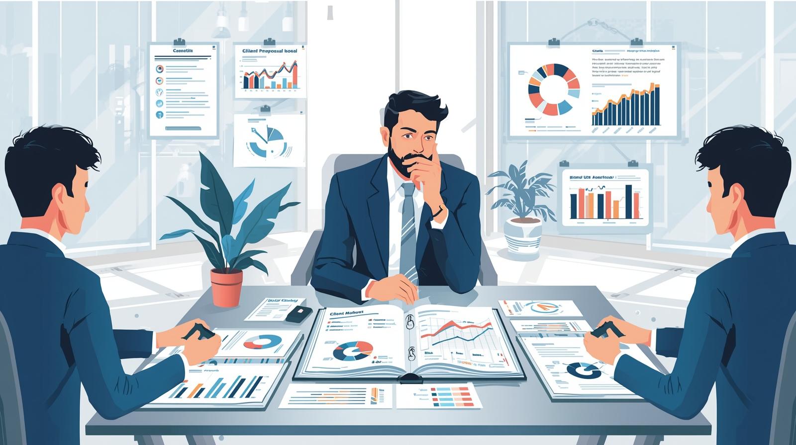 Business owner assessing digital marketing agencies by reviewing case studies and performance charts, highlighting expertise, transparency, and collaboration.