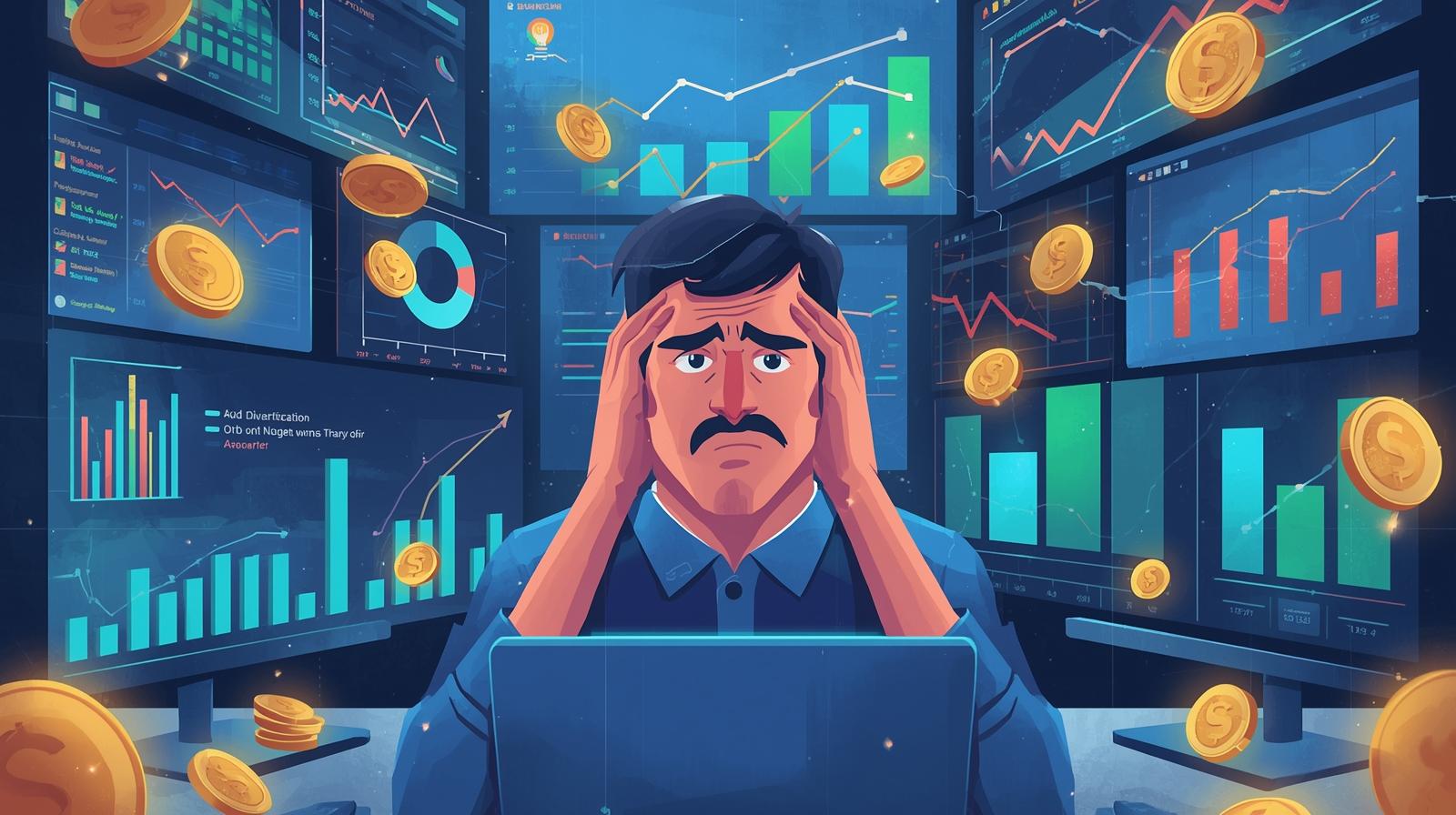 Marketer reviewing paid ad campaigns with charts showing underperforming and high-performing ads, illustrating budget misallocation and ROI impact.