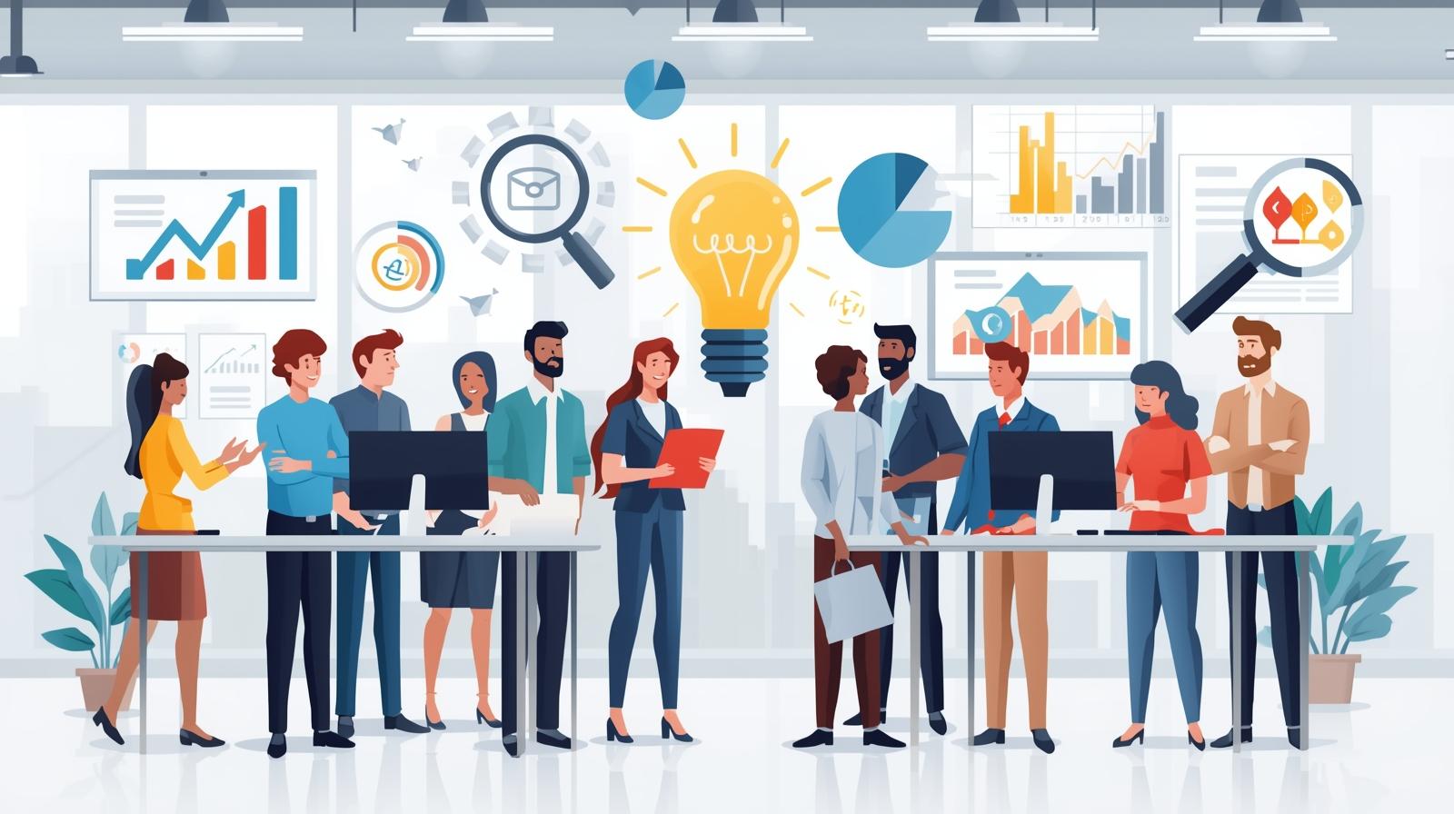 Team collaborating with digital marketing symbols representing strategy, results, transparency, expertise, and innovation as a digital marketing partner.
