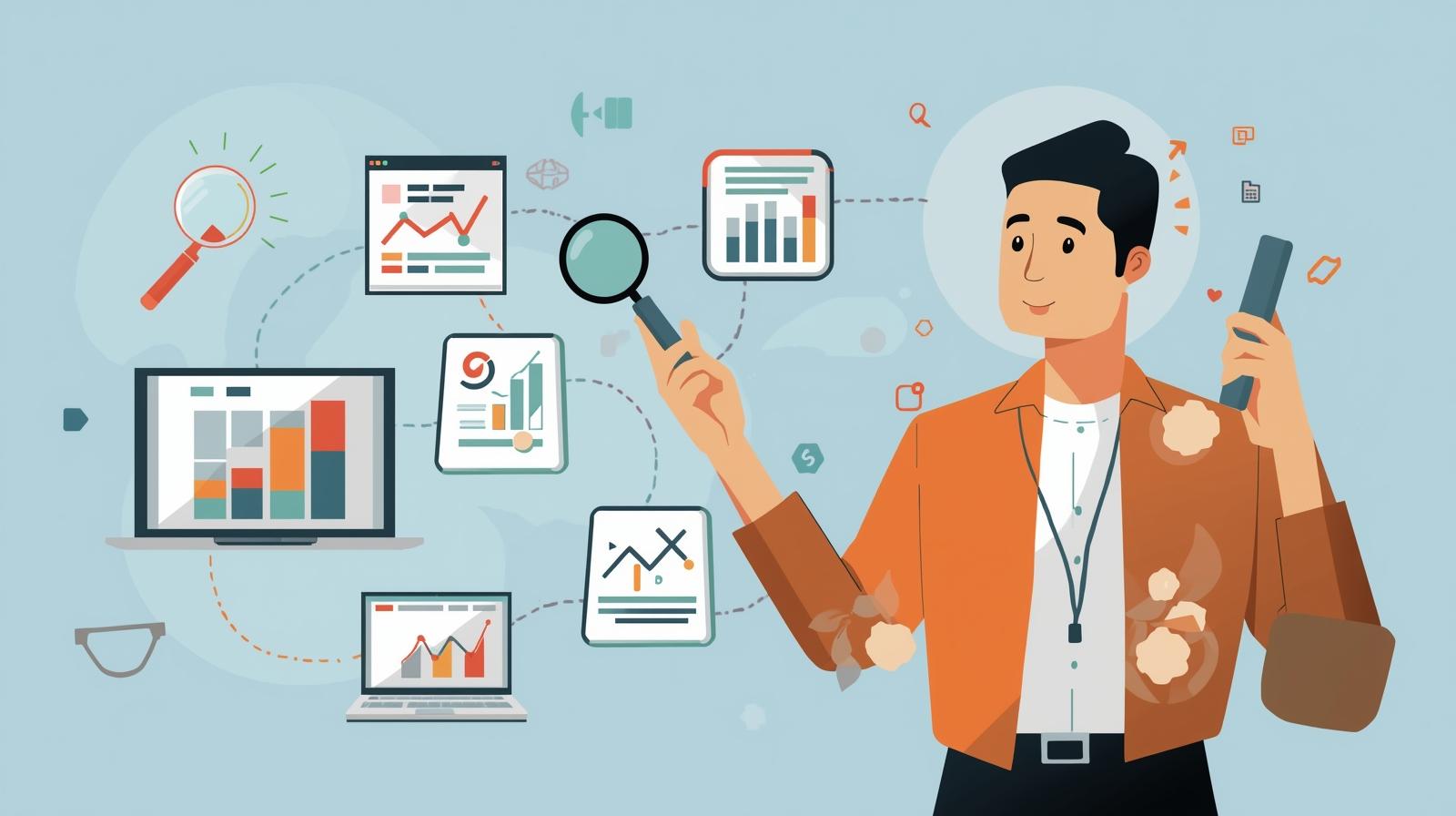 Business owner evaluating digital marketing strategies using charts, graphs, and digital tools in a step-by-step process.