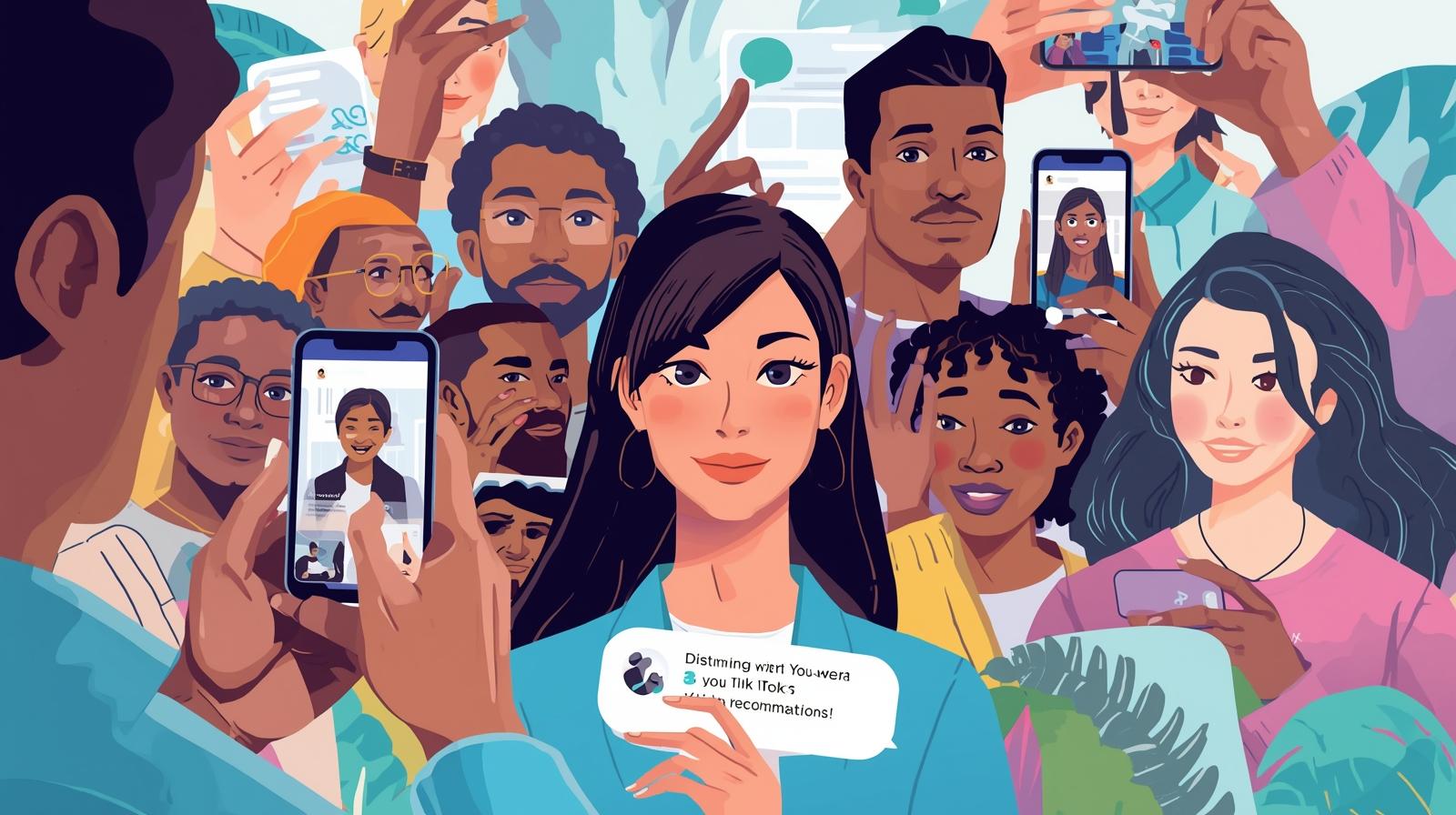 Digital illustration of a small group of micro-influencers creating content on social media platforms like Instagram and TikTok, showing authentic engagement with followers through likes, comments, and shares, emphasizing trust and personal connection, in a vibrant and modern style.